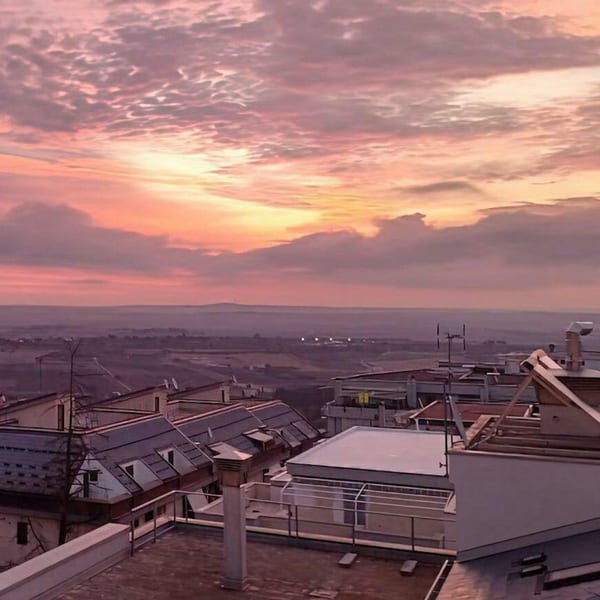 Rooftops of buildings overlooking a vast landscape under a dramatic pink and orange sunset.