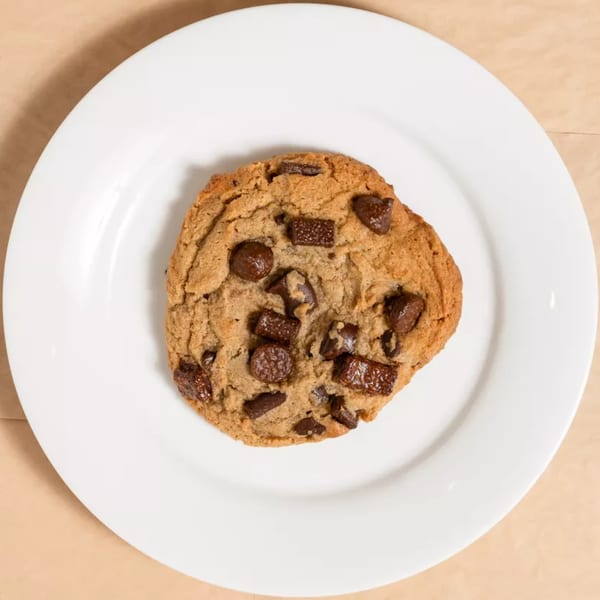 A single chocolate chip cookie with various chocolate chunks sits on a white plate.