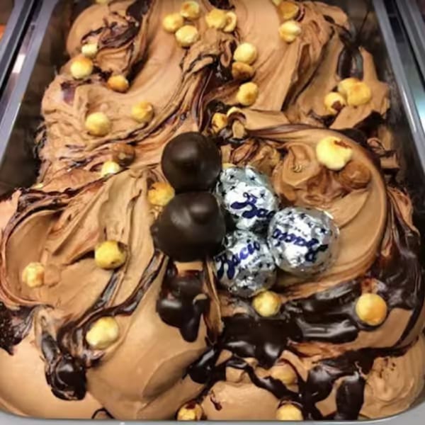 Chocolate gelato swirled with dark chocolate sauce, topped with hazelnuts and Baci chocolates.
